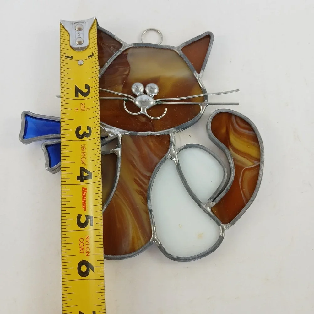 Stained Glass Window Suncatcher Cat Brown White Blue Scarf Hanging Handmade